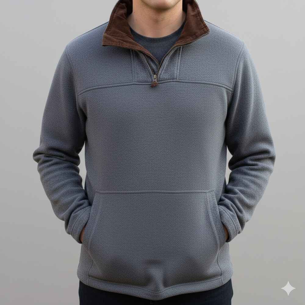 Lands End 1/4 Zip Pullover Mens L 42-44 Gray Fleece Lined Brown Corduroy Collar